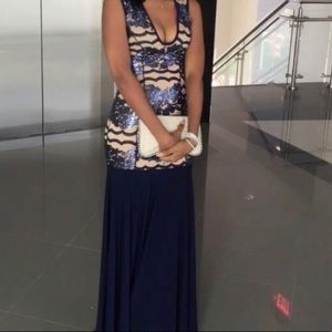 Navy blue and cream long dress. Sequins navy blue.